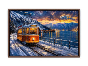 Winter tram fjord wall art snowy landscape glowing lights canvas print for living room bedroom decor