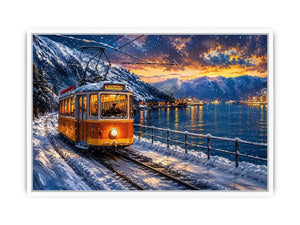 Winter tram fjord wall art snowy landscape glowing lights canvas print for living room bedroom decor