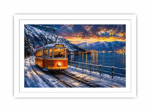 Winter tram fjord wall art snowy landscape glowing lights canvas print for living room bedroom decor