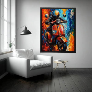 Colorful urban scooter painting with graffiti splashes and vibrant neon tones