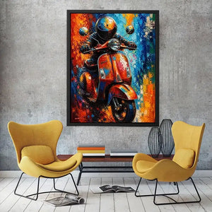 Colorful urban scooter painting with graffiti splashes and vibrant neon tones