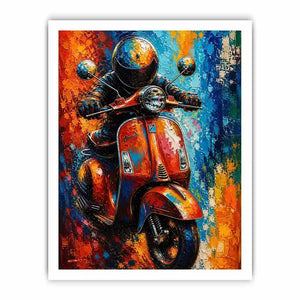 Colorful urban scooter painting with graffiti splashes and vibrant neon tones