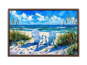 Beach chairs ocean view wall art coastal seaside canvas print for living room bedroom decor