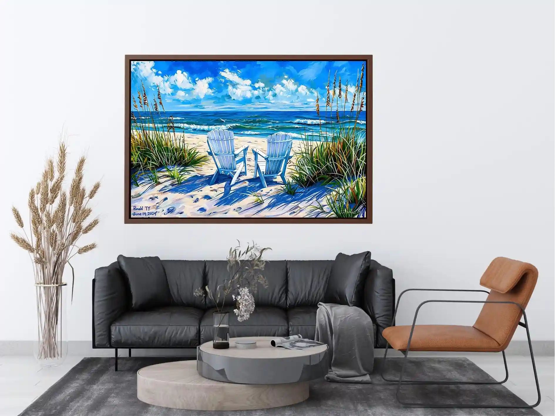 Beach chairs ocean view wall art coastal seaside canvas print for living room bedroom decor