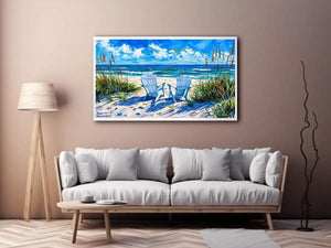 Beach chairs ocean view wall art coastal seaside canvas print for living room bedroom decor
