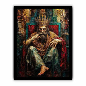 Dark moody king portrait painting with crown and grunge textures