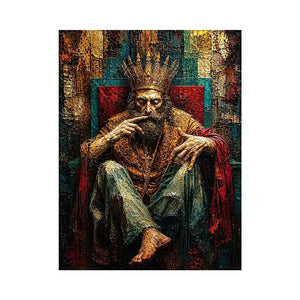 Dark moody king portrait painting with crown and grunge textures