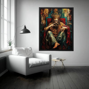 Dark moody king portrait painting with crown and grunge textures
