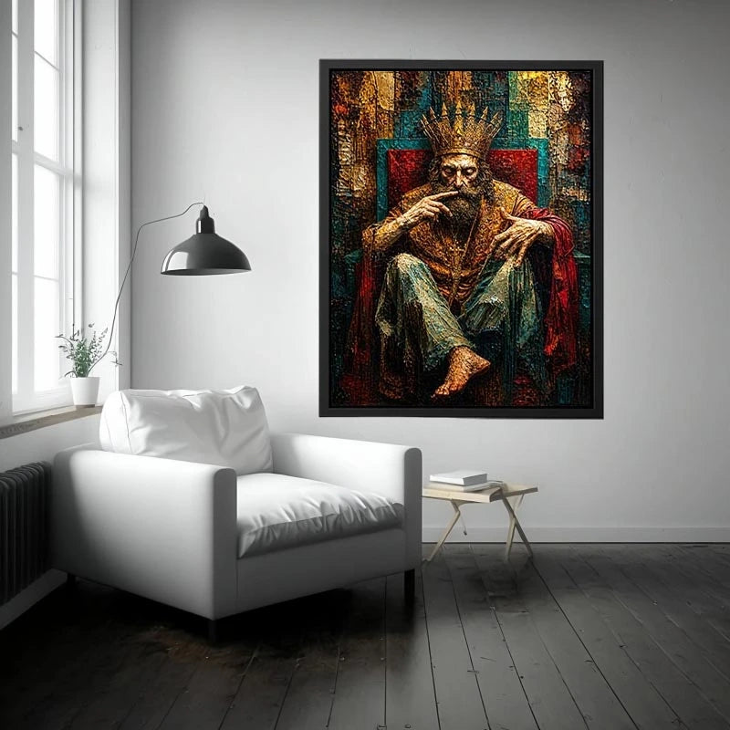 Dark moody king portrait painting with crown and grunge textures