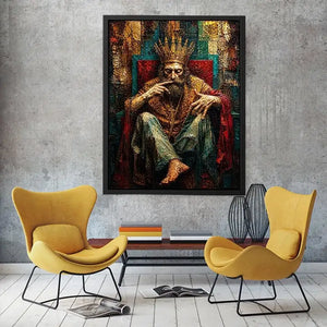 Dark moody king portrait painting with crown and grunge textures