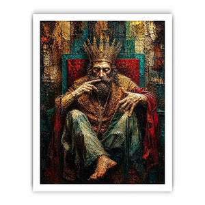 Dark moody king portrait painting with crown and grunge textures