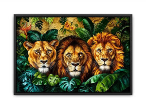 Luxury lion trio jungle wall art with three majestic lions surrounded by tropical leaves, bold wildlife canvas for modern living room decor