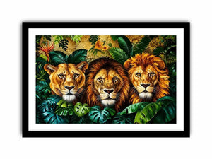 Luxury lion trio jungle wall art with three majestic lions surrounded by tropical leaves, bold wildlife canvas for modern living room decor