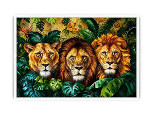 Luxury lion trio jungle wall art with three majestic lions surrounded by tropical leaves, bold wildlife canvas for modern living room decor