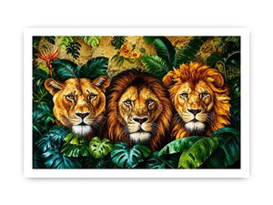 Luxury lion trio jungle wall art with three majestic lions surrounded by tropical leaves, bold wildlife canvas for modern living room decor