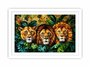 Luxury lion trio jungle wall art with three majestic lions surrounded by tropical leaves, bold wildlife canvas for modern living room decor