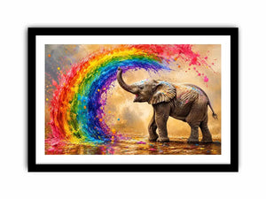 Colorful elephant rainbow wall art with vibrant paint splash, modern abstract wildlife canvas for living room and kids room decor