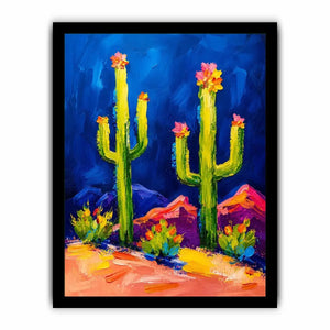 Colorful abstract cactus wall art with bold paint strokes and vibrant desert scene, modern botanical canvas for living room and office decor