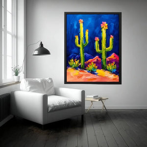 Colorful abstract cactus wall art with bold paint strokes and vibrant desert scene, modern botanical canvas for living room and office decor