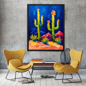 Colorful abstract cactus wall art with bold paint strokes and vibrant desert scene, modern botanical canvas for living room and office decor
