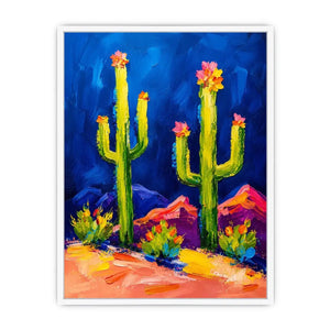 Colorful abstract cactus wall art with bold paint strokes and vibrant desert scene, modern botanical canvas for living room and office decor