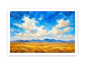 Abstract desert landscape wall art with golden fields and blue sky, modern calming canvas for living room and bedroom decor