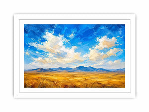 Abstract desert landscape wall art with golden fields and blue sky, modern calming canvas for living room and bedroom decor