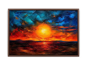 Abstract sunset landscape wall art with glowing sun and dramatic sky, textured modern canvas for living room and bedroom decor