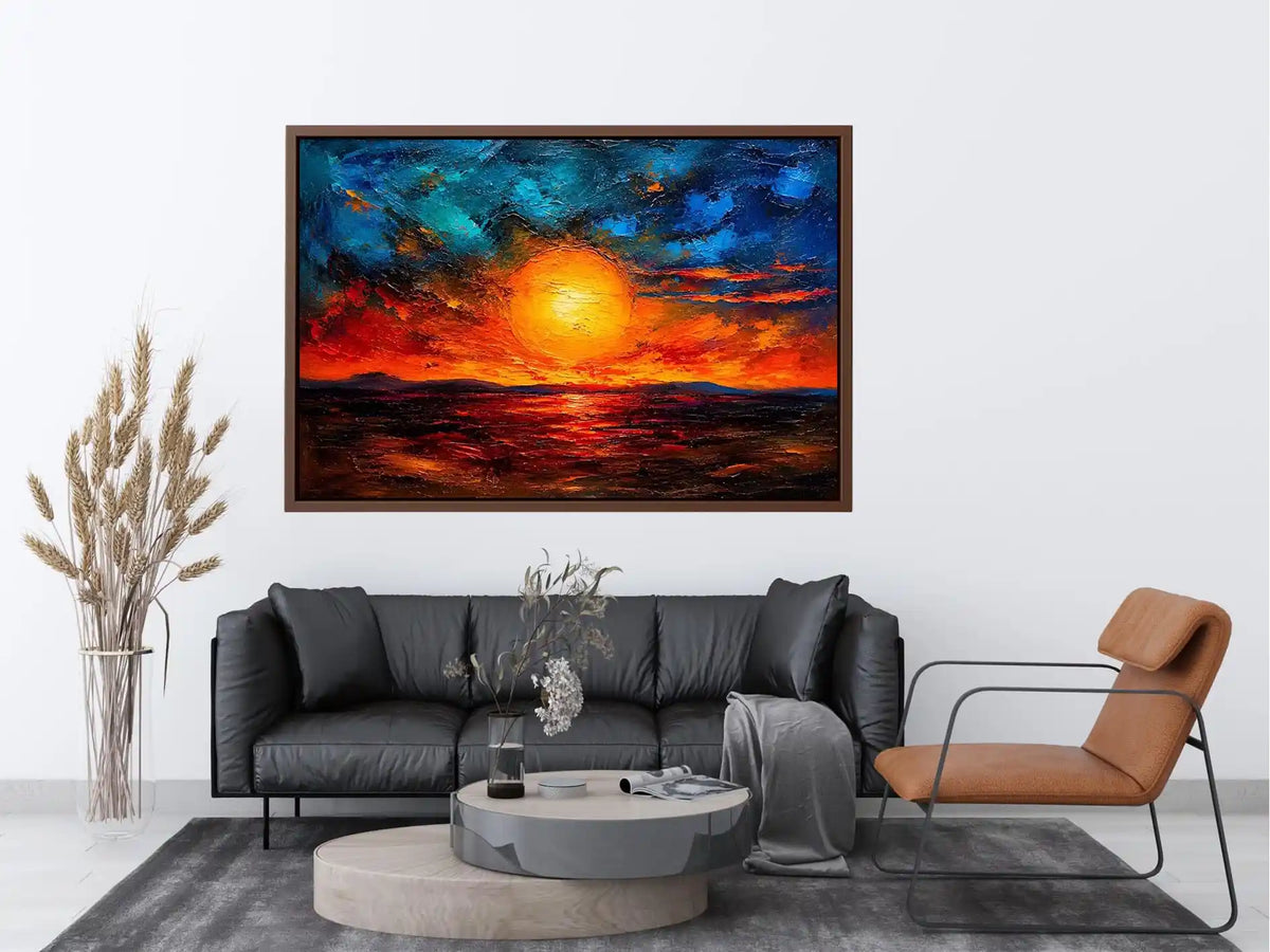 Abstract sunset landscape wall art with glowing sun and dramatic sky, textured modern canvas for living room and bedroom decor