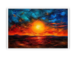 Abstract sunset landscape wall art with glowing sun and dramatic sky, textured modern canvas for living room and bedroom decor