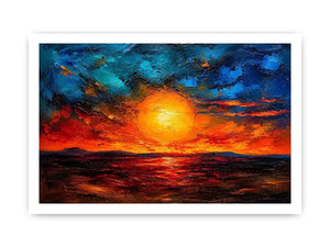 Abstract sunset landscape wall art with glowing sun and dramatic sky, textured modern canvas for living room and bedroom decor