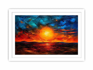 Abstract sunset landscape wall art with glowing sun and dramatic sky, textured modern canvas for living room and bedroom decor