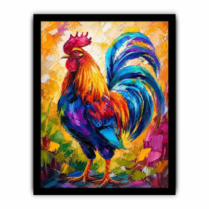 Colorful rooster wall art with bold abstract brushstrokes and vibrant feathers, modern farmhouse canvas for kitchen and dining room decor