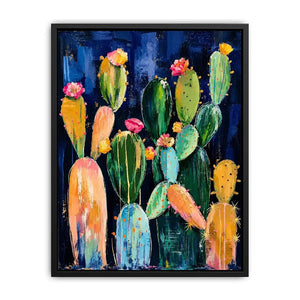Modern cactus wall art with abstract botanical shapes and soft colors on dark background, stylish desert canvas for living room and hallway decor