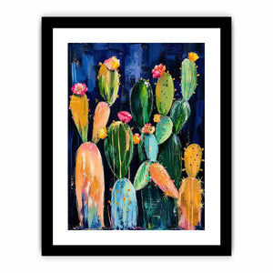Modern cactus wall art with abstract botanical shapes and soft colors on dark background, stylish desert canvas for living room and hallway decor