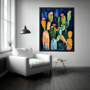 Modern cactus wall art with abstract botanical shapes and soft colors on dark background, stylish desert canvas for living room and hallway decor