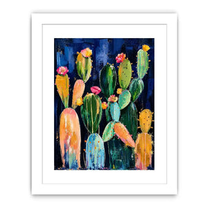 Modern cactus wall art with abstract botanical shapes and soft colors on dark background, stylish desert canvas for living room and hallway decor