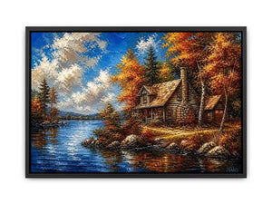 Autumn lake cabin painting with colorful trees and peaceful water reflection