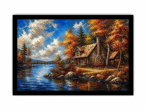 Autumn lake cabin painting with colorful trees and peaceful water reflection