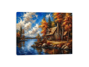 Autumn lake cabin painting with colorful trees and peaceful water reflection