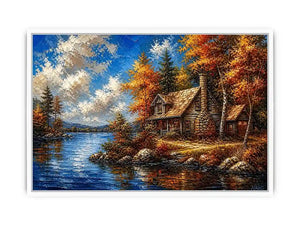 Autumn lake cabin painting with colorful trees and peaceful water reflection