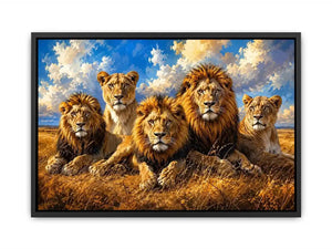 Lion pride wall art with five majestic lions in savanna, modern wildlife canvas for living room and office decor