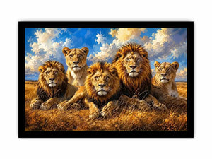 Lion pride wall art with five majestic lions in savanna, modern wildlife canvas for living room and office decor