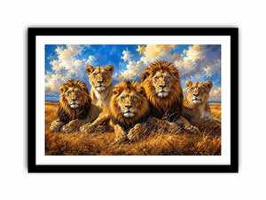 Lion pride wall art with five majestic lions in savanna, modern wildlife canvas for living room and office decor