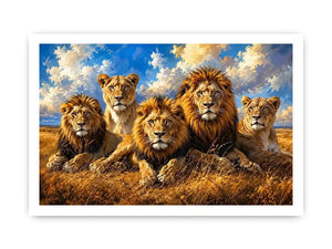 Lion pride wall art with five majestic lions in savanna, modern wildlife canvas for living room and office decor