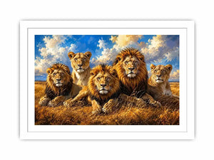 Lion pride wall art with five majestic lions in savanna, modern wildlife canvas for living room and office decor
