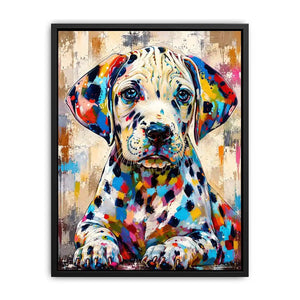 Colorful Dalmatian dog wall art with vibrant abstract paint style, modern pet portrait canvas for living room and kids room decor