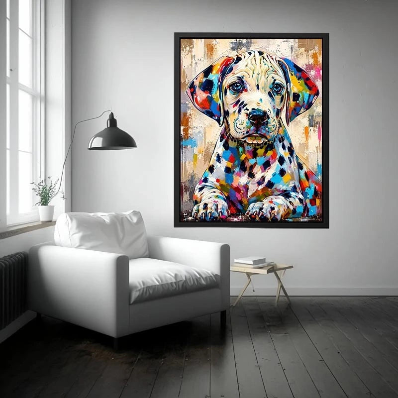 Colorful Dalmatian dog wall art with vibrant abstract paint style, modern pet portrait canvas for living room and kids room decor