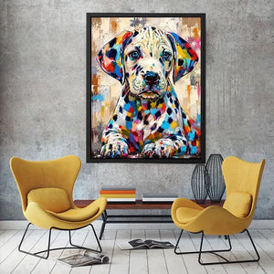 Colorful Dalmatian dog wall art with vibrant abstract paint style, modern pet portrait canvas for living room and kids room decor