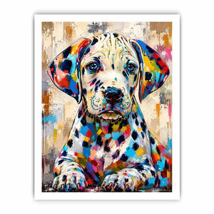 Colorful Dalmatian dog wall art with vibrant abstract paint style, modern pet portrait canvas for living room and kids room decor
